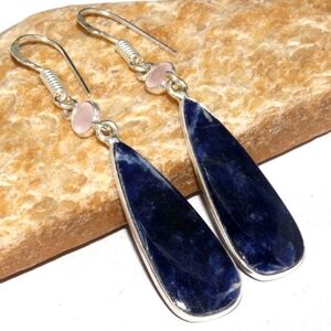 Sodalite, Pink Chalcedony Gemstone 925 Sterling Silver Drop Dangle Earrings
